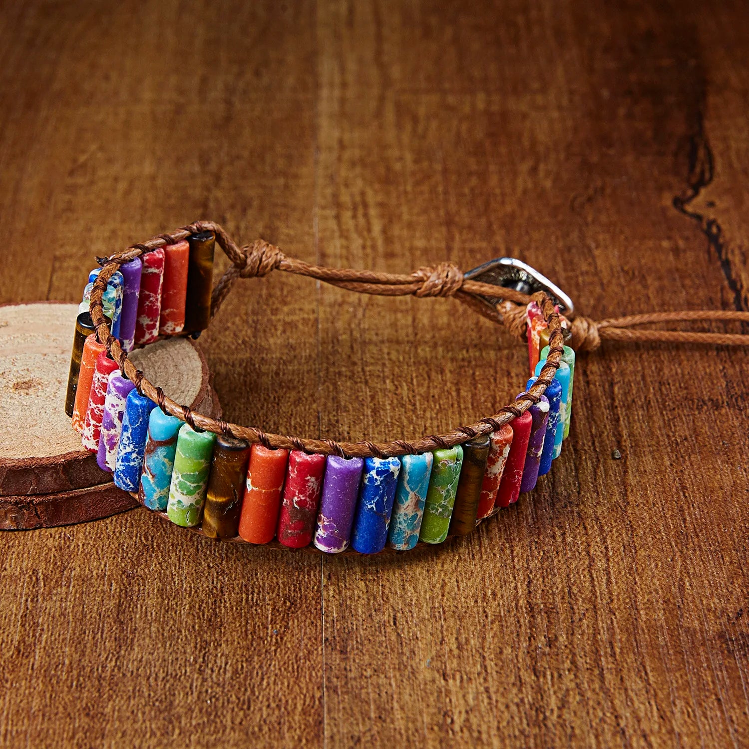 Bracelet Chakra fait à la main multicolore en pierre naturelle, perles en cuir, Bracelets en pierre naturelle