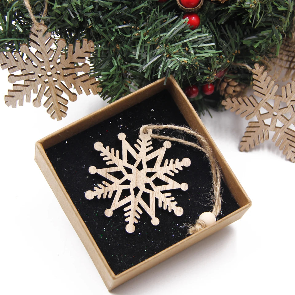 Flocon de neige creux en bois pour Noël, ornements de Noël vintage, décorations d'arbre de Noel, cadeaux, 12 pièces par boîte