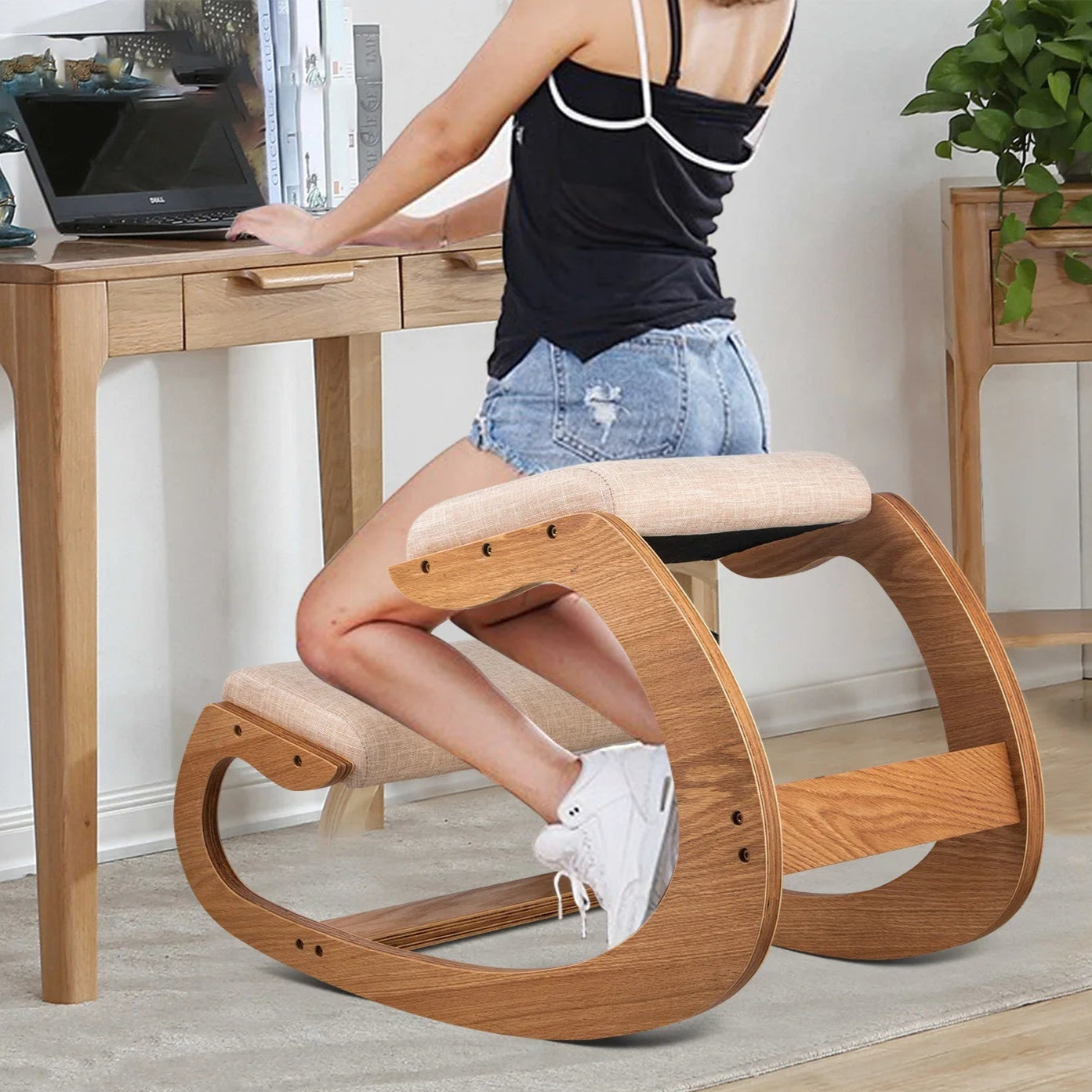 Chaise ergonomique à genoux avec coussin épais VEVOR, chaise de bureau à domicile, améliorant la posture du corps, chaise d'ordinateur à bascule en bois