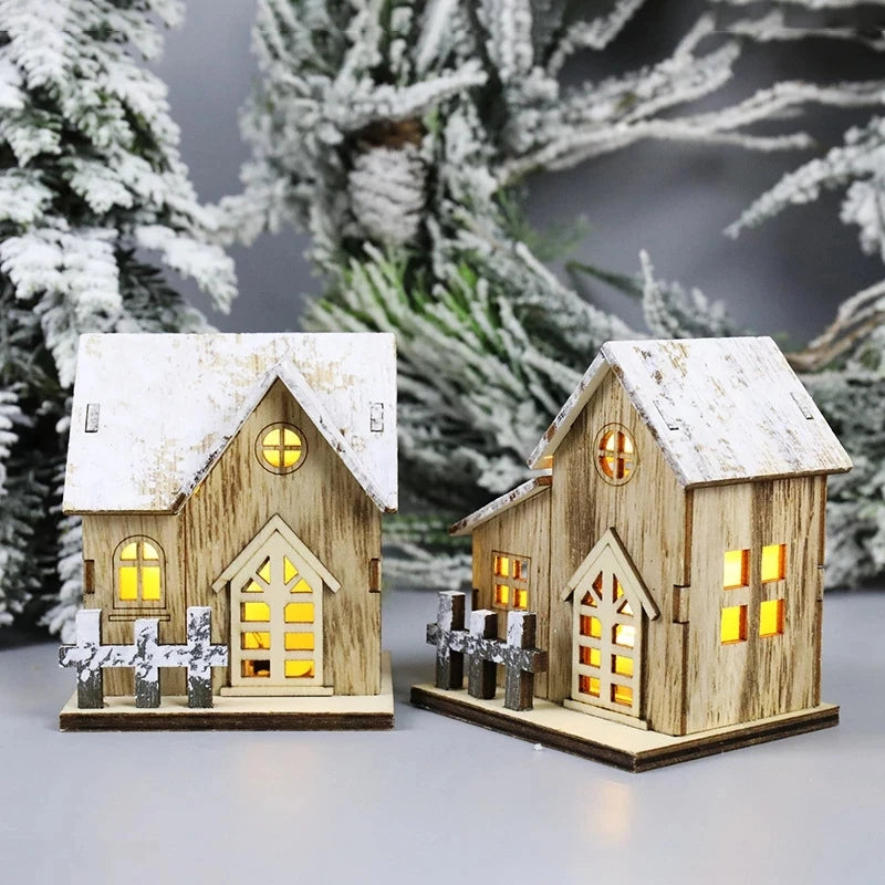 Holzhaus mit LED-Licht für Weihnachten, fröhliche Weihnachtsdekoration, Weihnachtsbaumschmuck, Geschenk für Kinder, Neujahr