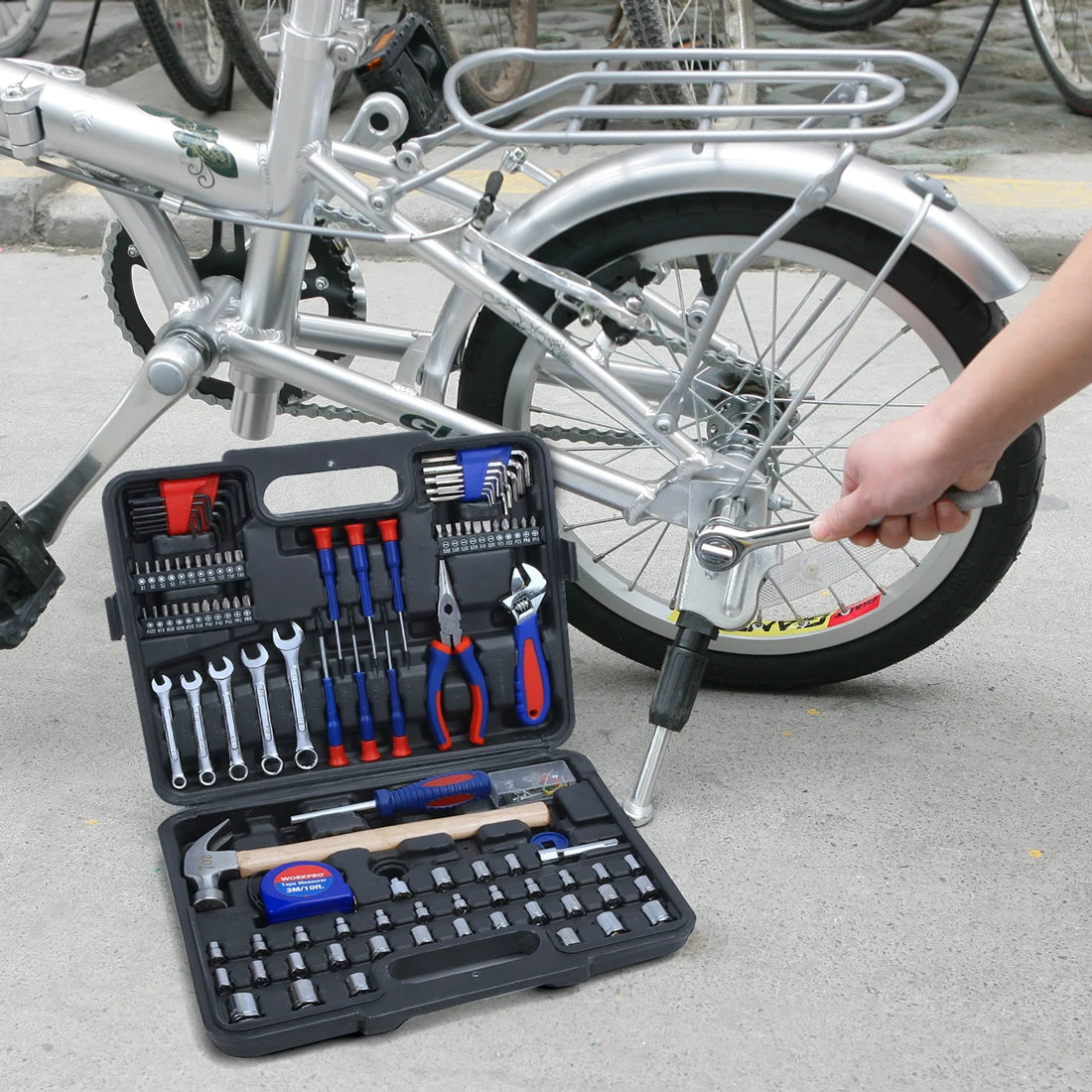 Boîte d'outils à main pour la maison avec boîte à outils de transport solide, tournevis, pince, douille, réparation domestique, 100 pièces