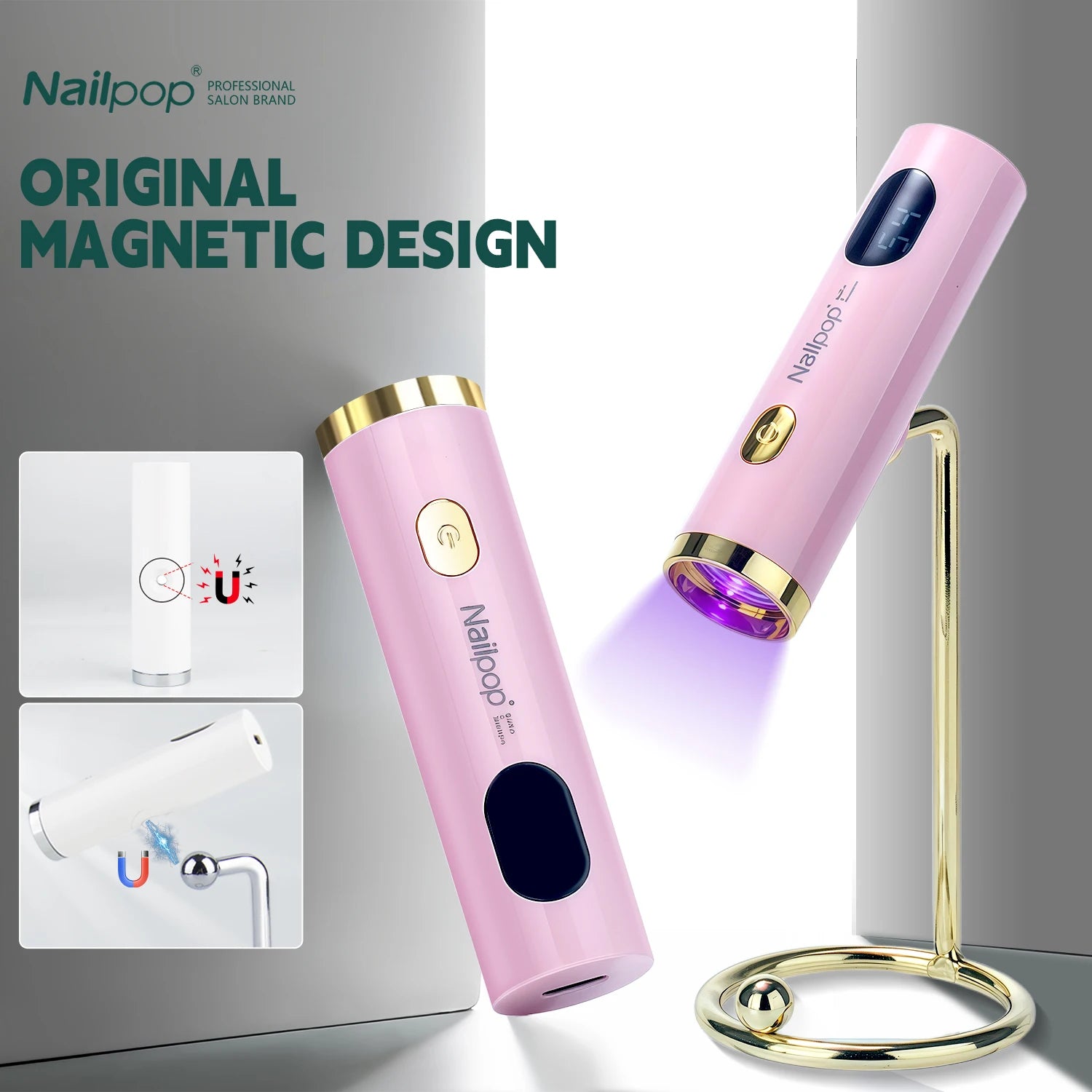 Lampe UV portable rose pour ongles en gel, rechargeable USB, support magnétique, usage professionnel et domestique