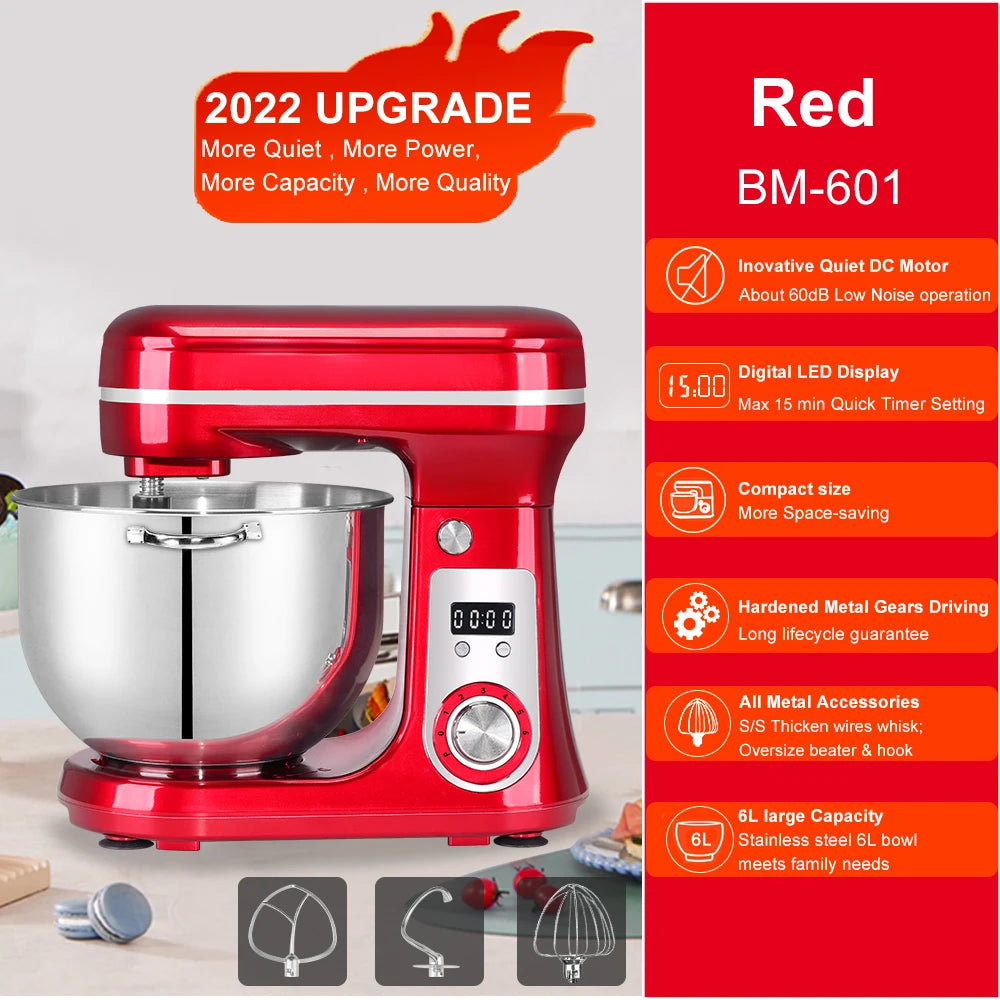 Robot de cuisine électrique BioloMix, 6L sur socle mélangeur 1200W moteur silencieux bol en acier inoxydable 6 vitesses, Crochet à pétrir, Batteur plat, bol mélangeur, Fouet filaire