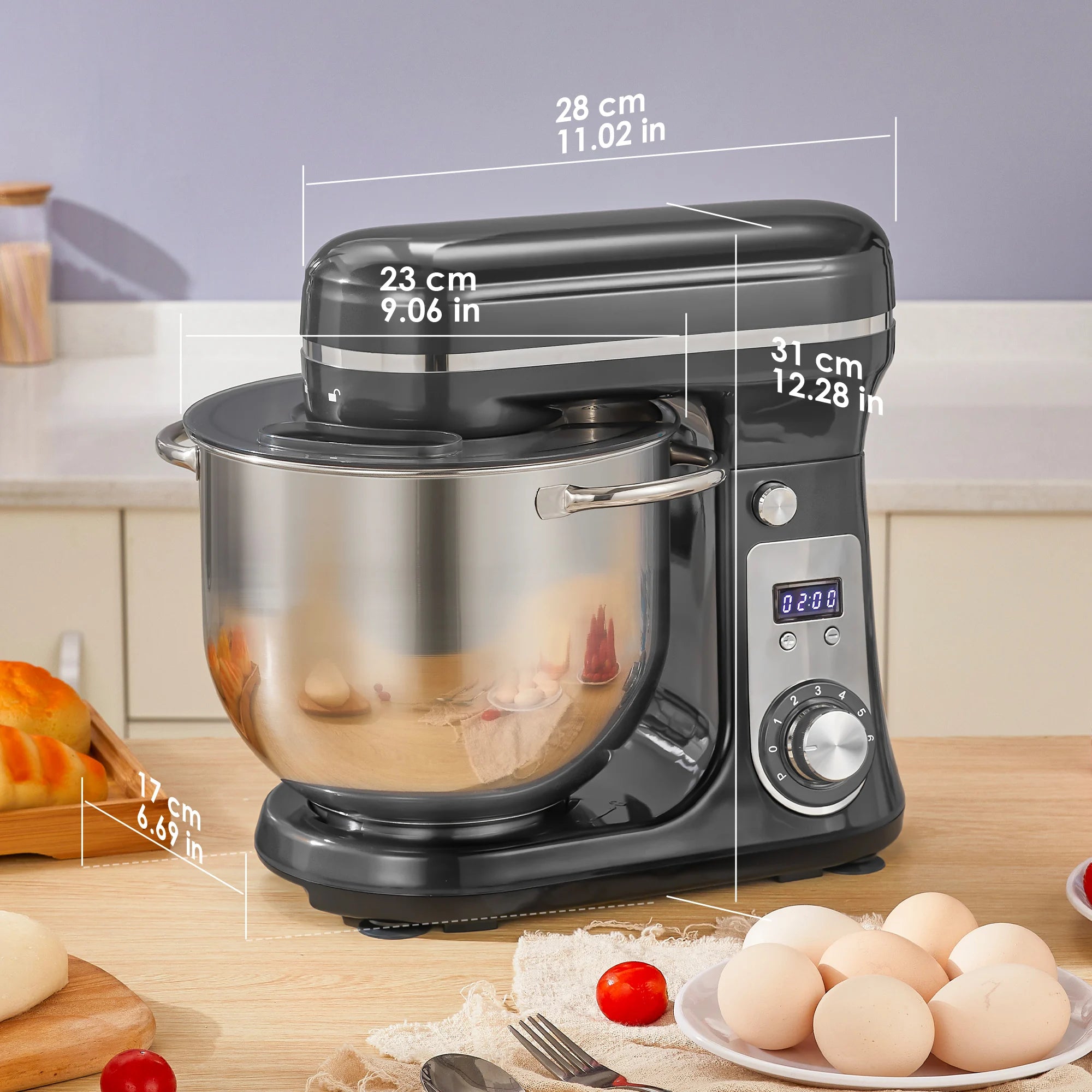 Robot de cuisine électrique BioloMix, 6L sur socle mélangeur 1200W moteur silencieux bol en acier inoxydable 6 vitesses, Crochet à pétrir, Batteur plat, bol mélangeur, Fouet filaire