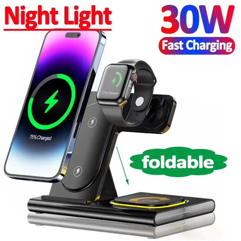 Chargeur, Station de charge rapide S6, Support de chargeur 3 en 1 sans fil 30W, iPhone 14 13 12 Pro Max, Apple Watch 8 7, Samsung Watch 5 Airpods