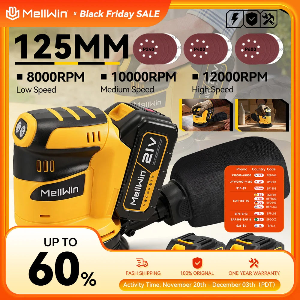 MELLWIN 125MM ponceuse orbitale électrique 3 vitesses réglable sans fil meulage ponçage Machine de polissage pour Makita 18V batterie broche