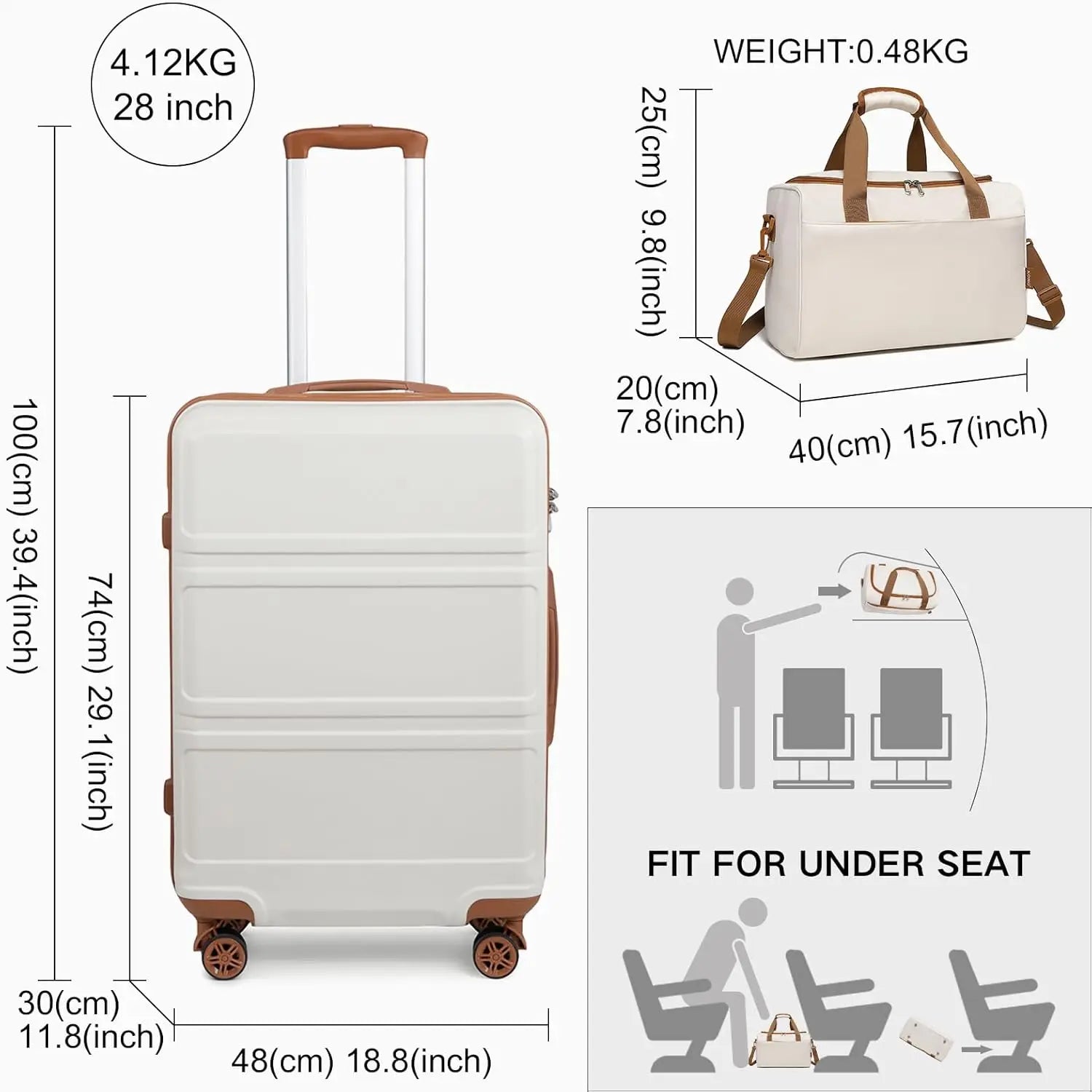 Ensemble de bagages rigides 2 pièces avec sac de voyage S/M/L KONO – roulettes 360°, serrure TSA, valises S-M-L