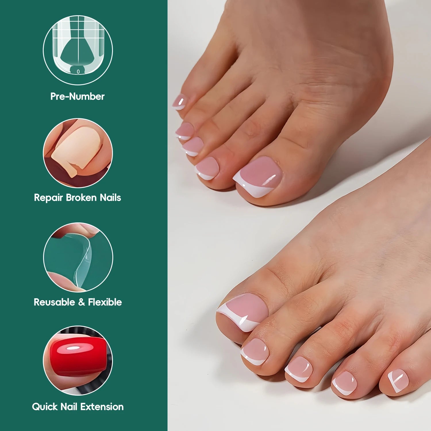 Moules à ongles d’orteil double forme, réutilisables, 150 pièces, 15 tailles, extension complète DIY