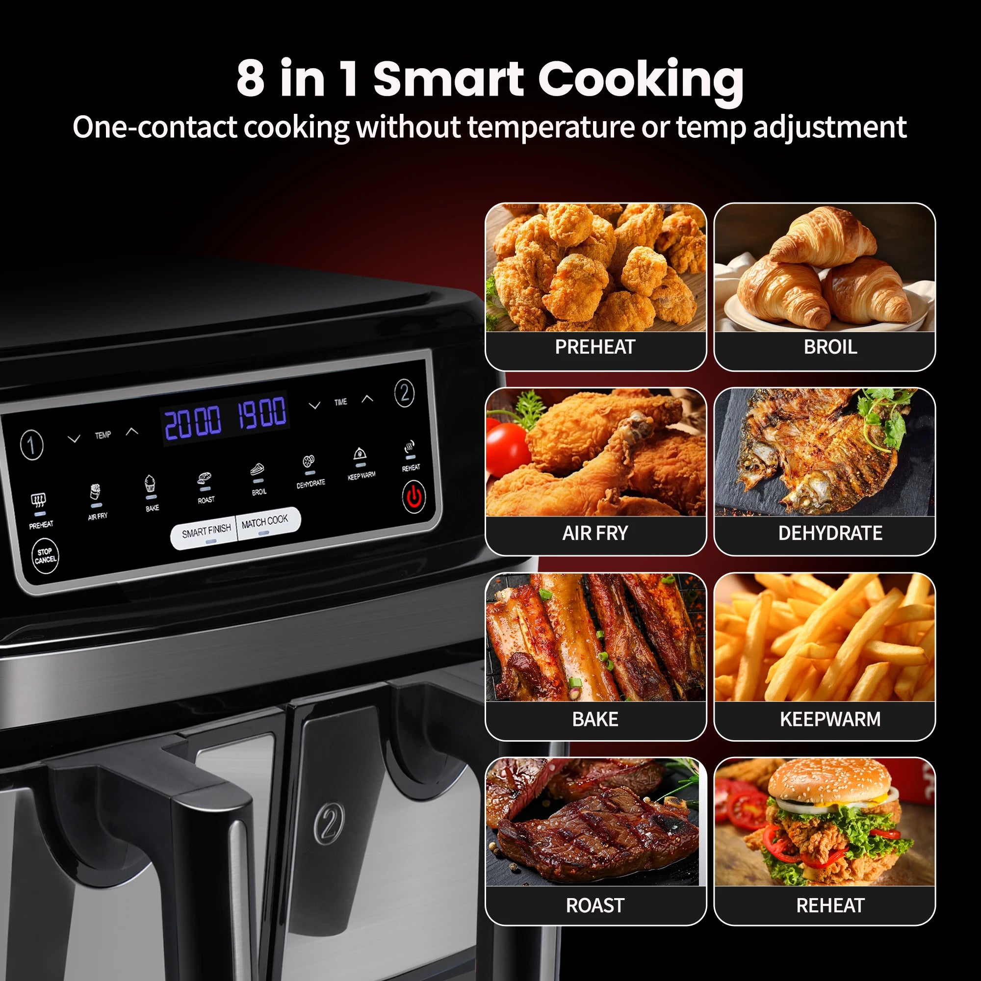 Air Fryer, Friteuse à air chaud double chambre 9 litres XXL avec 2 tiroirs indépendants de 4,5 L, 8 programmes automatiques et écran tactile LED