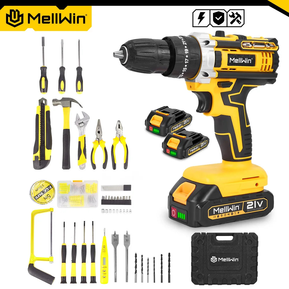 Perceuse à Percussion Sans Fil MELLWIN 25+3 Couple, 2 Vitesses Réglables, Tournevis Électrique – Compatible Batterie 18V Makita