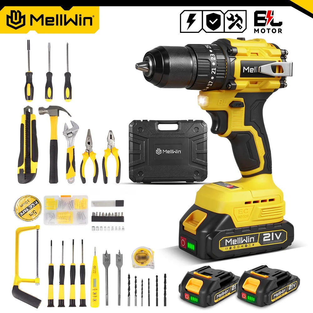 MELLWIN 480N.m ensemble de perceuse à percussion électrique sans brosse 3 en 1 jeu d'outils de tournevis polyvalents sans fil pour broche de batterie Makita 18V