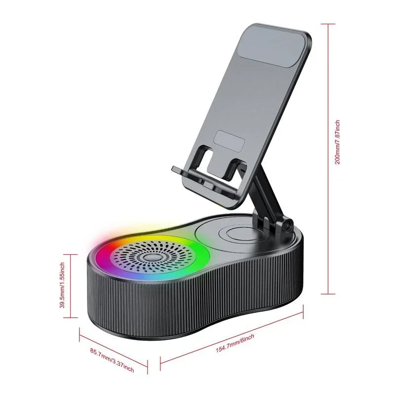 Haut-parleur sans fil avec lumière ambiante colorée 360° Support de téléphone pliable et rotatif et réglable, antidérapant, caisson de basses HDSurround 5.3