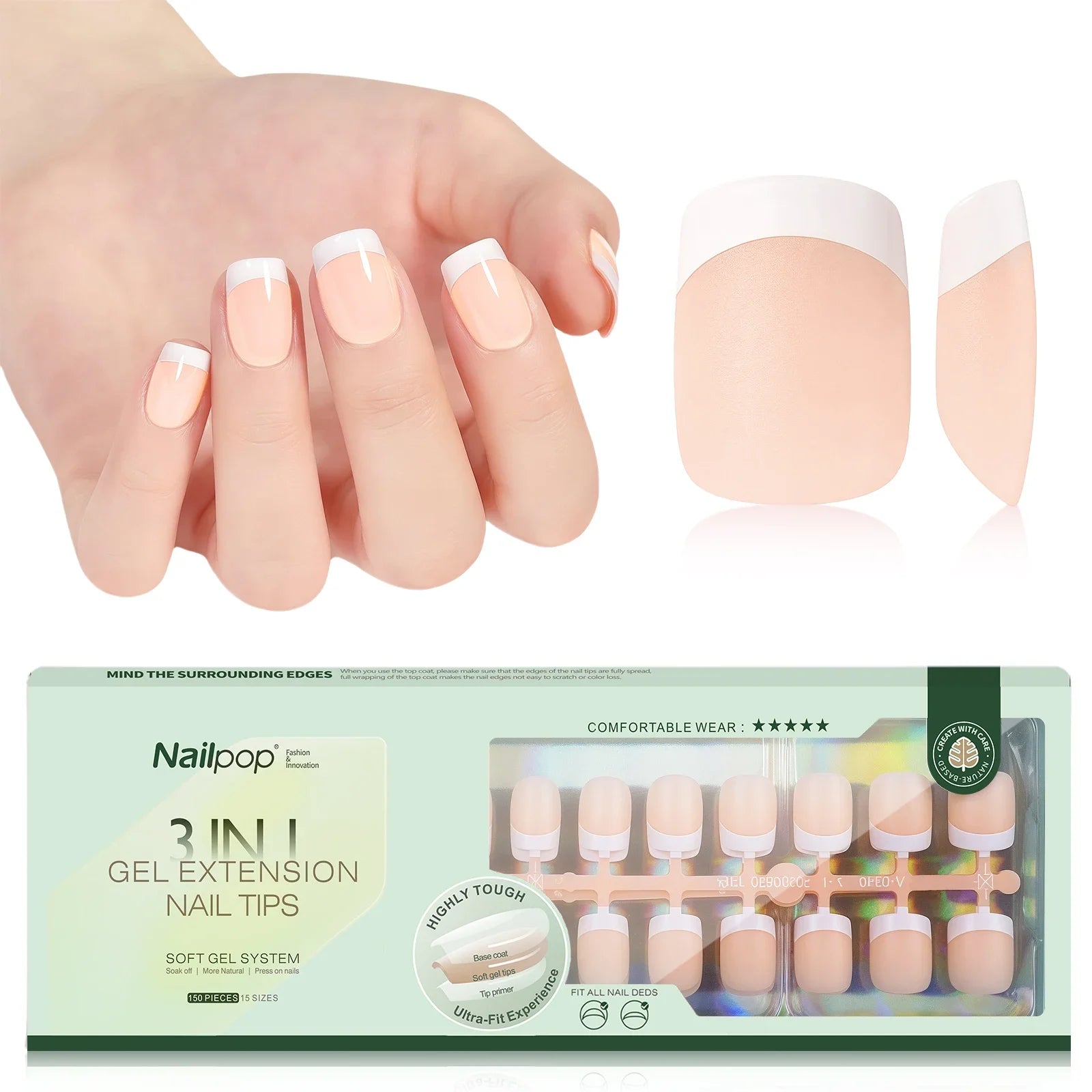 Extensions d’Ongles à Pointe Française Pré-Colorées - Nailpop 3 en 1 