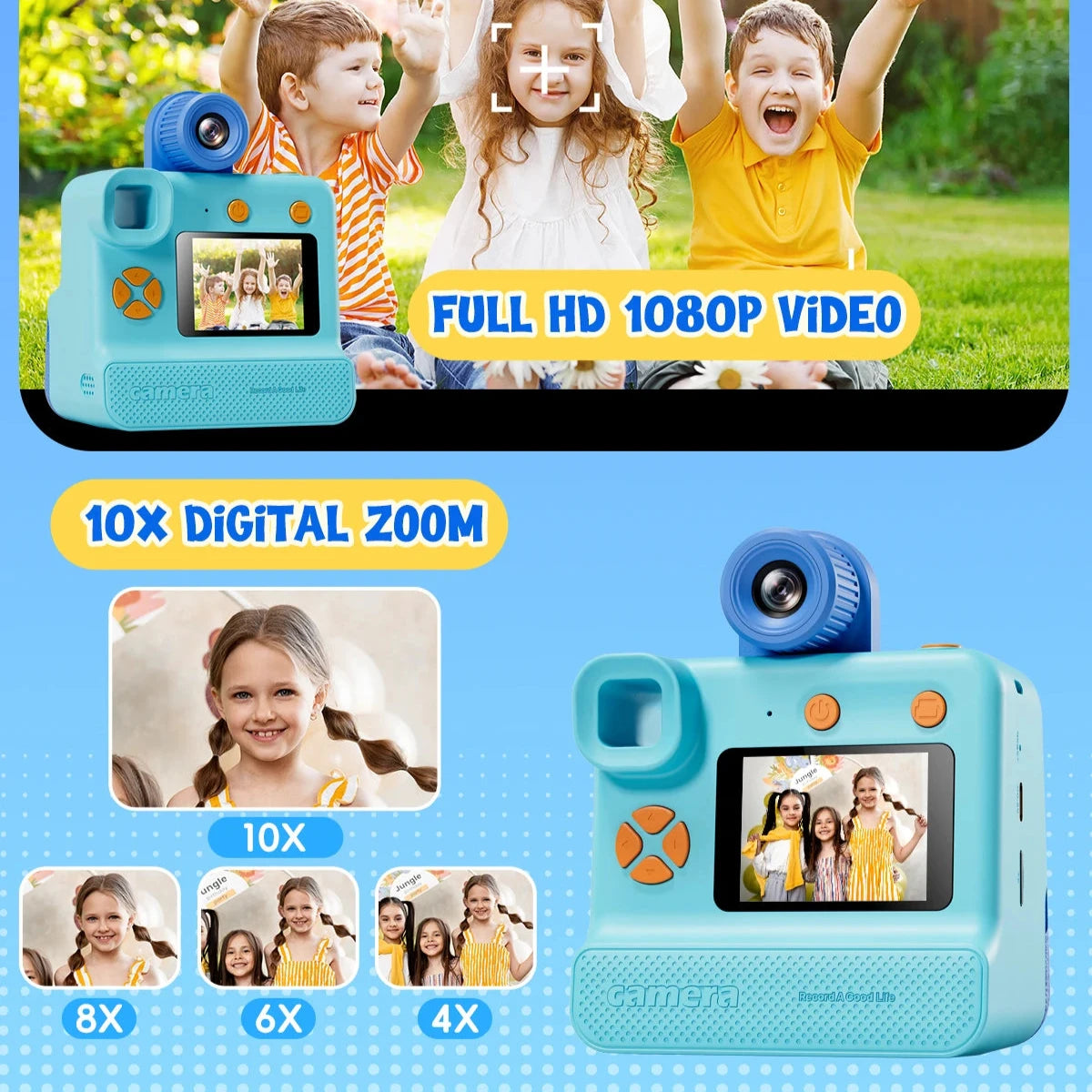 Appareil photo instantané pour enfants, 3 rouleaux de papier d'impression, carte de 32 Go, appareil photo numérique 1080P