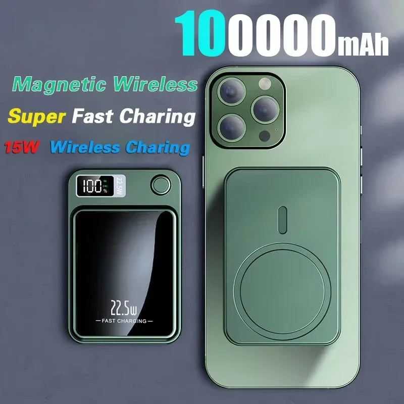 Batterie externe magnétique sans fil 100000 mAh, charge super rapide, batterie portable avec adaptateur Powerbank pour iPhone, Huawei, Samsung.