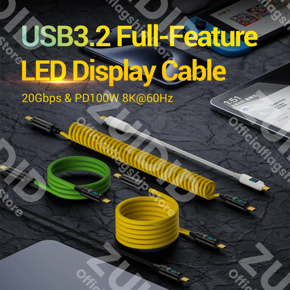 Câble 100W 5A USB-C Affichage LED USB3.2 10Gbps USB C à Type C ThunderBolt 3 cordon pour iPhone 15 Pro MacBook Pro Samsung Xiaomi 2m
