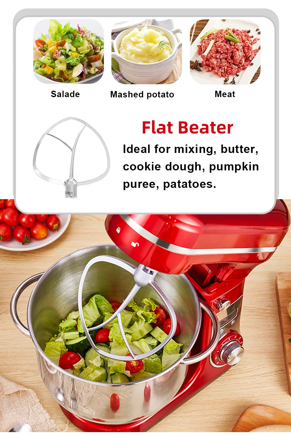 Robot de cuisine électrique BioloMix, 6L sur socle mélangeur 1200W moteur silencieux bol en acier inoxydable 6 vitesses, Crochet à pétrir, Batteur plat, bol mélangeur, Fouet filaire