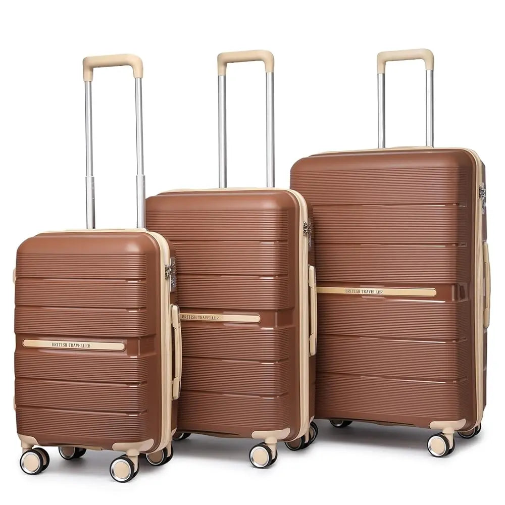 Ensemble de valises rigides 3 pièces 100 % PP British Traveller – 8 roues spinner, serrure TSA, bleu foncé