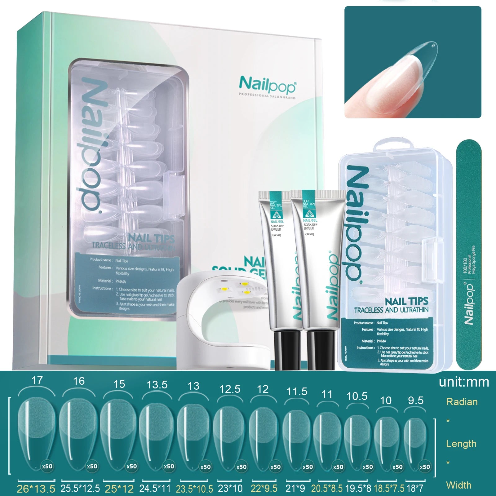 Gel UV Souple, Pointes, Lampe et Outils - Nailpop Kit d’Extension d’Ongles 600 pièces 