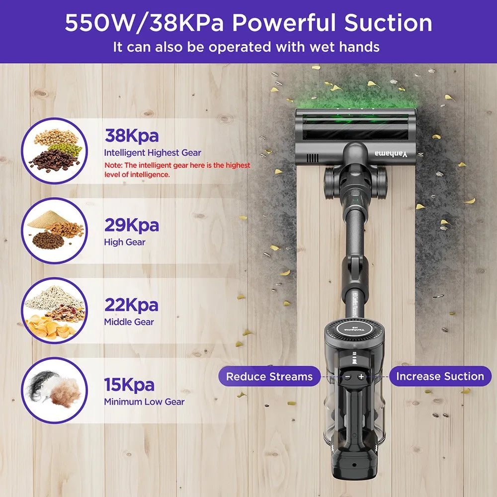 Aspirateur sans fil H3 Yanhama, aspiration 38kPa/550W, autonomie de maximale 60min, poignée à rotation 180°, lumière LED verte