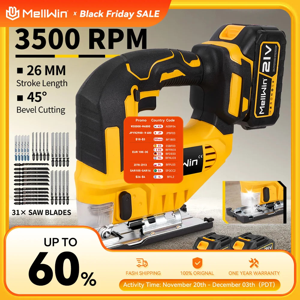 Scie sauteuse électrique sans fil MELLWIN – Outil multifonction pour bois, plastique et métal avec 31 lames, broche Makita 18V