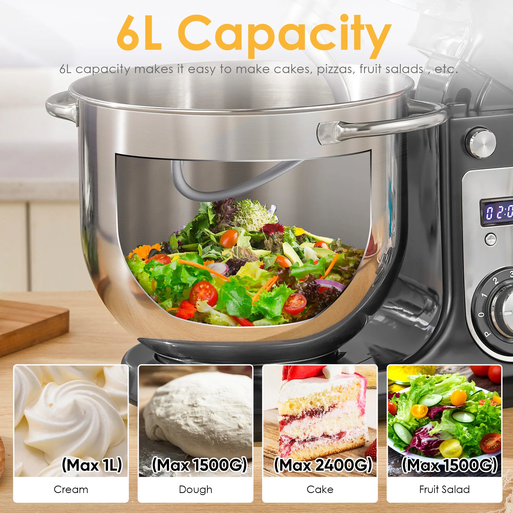 Robot de cuisine électrique BioloMix, 6L sur socle mélangeur 1200W moteur silencieux bol en acier inoxydable 6 vitesses, Crochet à pétrir, Batteur plat, bol mélangeur, Fouet filaire