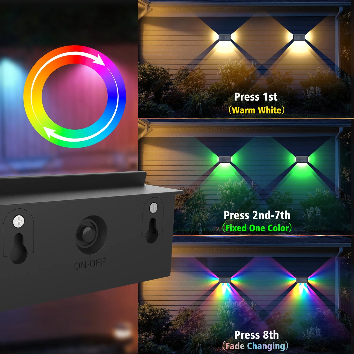 Applique murale solaire RGB LED – éclairage haut & bas, 8 modes, IP65, automatique crépuscule à l’aube