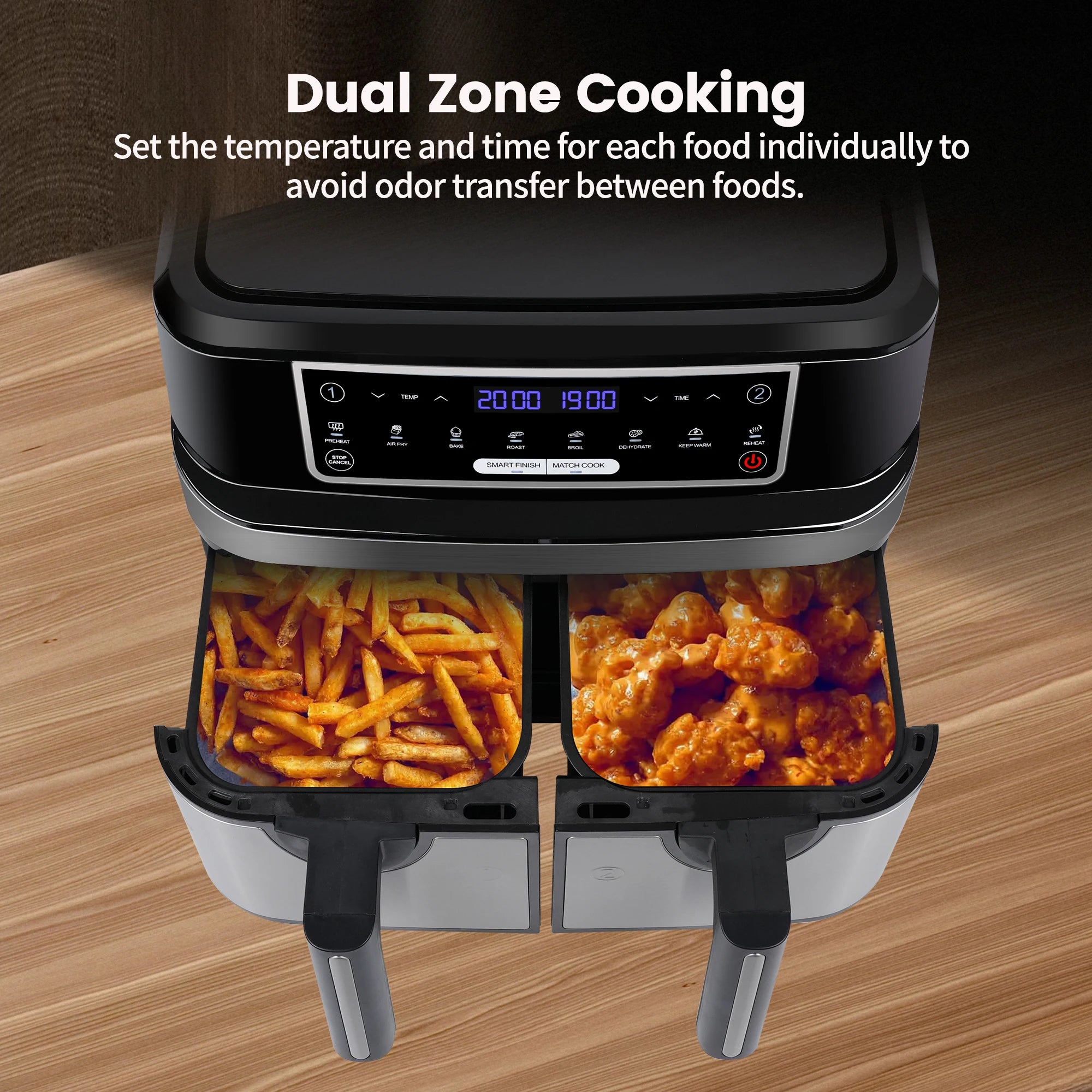 Air Fryer, Friteuse à air chaud double chambre 9 litres XXL avec 2 tiroirs indépendants de 4,5 L, 8 programmes automatiques et écran tactile LED