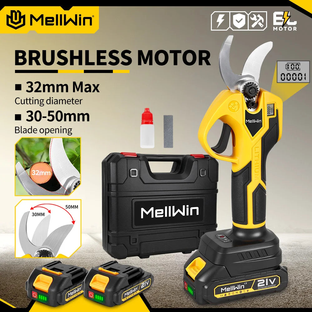 Ciseaux électriques sans balais 32 mm MELLWIN – sécateur de jardin sans fil pour fruits, bonsaï et branches compatible 18 V
