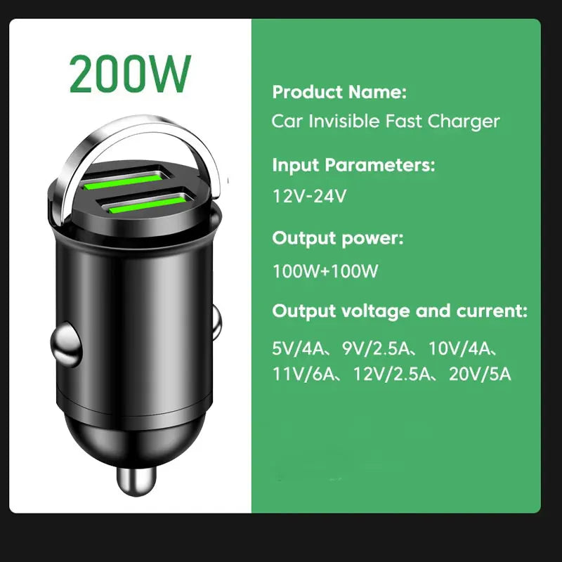 Chargeur de voiture mini USB 100 W à double port, charge ultra rapide, adaptateur de téléphone, prise allume-cigare 12-24 V