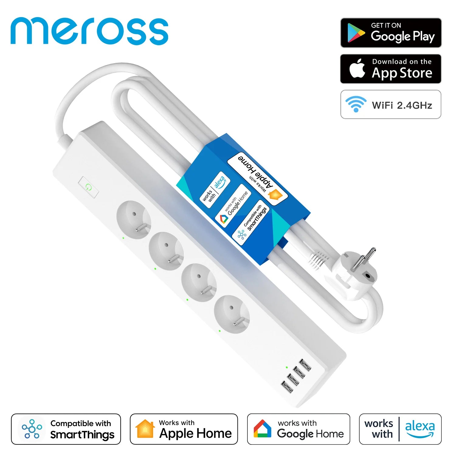 Multiprise Wifi, Parasurtenseur intelligent Meross, multiprise WiFi, rallonge de prise UE, FR, prise en charge USB, Homekit, Alexa, Google Smarthings