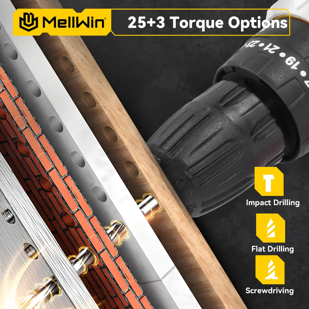 Perceuse électrique sans fil 12 V MELLWIN, Mini pilote d’alimentation polyvalent, couple 25+3, tournevis 2 vitesses réglables