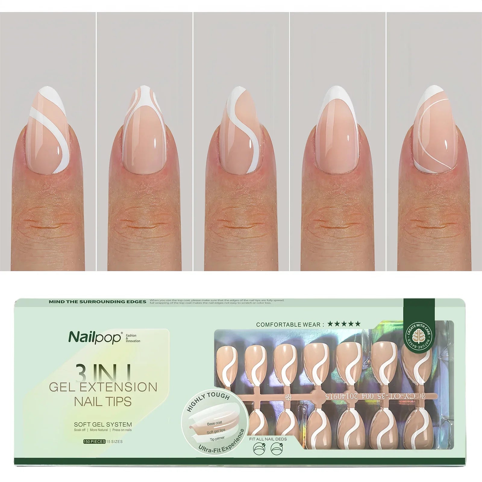 Pointes d’Ongles en Gel Français Pré-Colorées - Nailpop 150 pièces