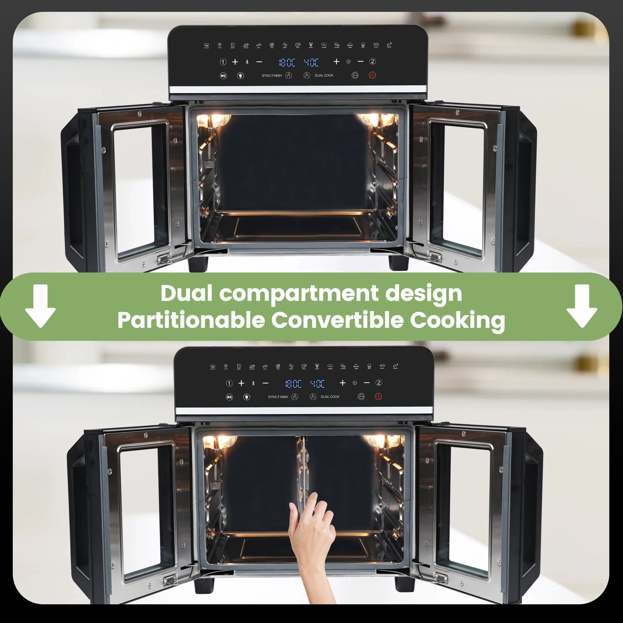 Friteuse à air chaud double zone, 23 L, four XXL 2200 W, écran tactile LED, 15 programmes, livre de recettes inclus