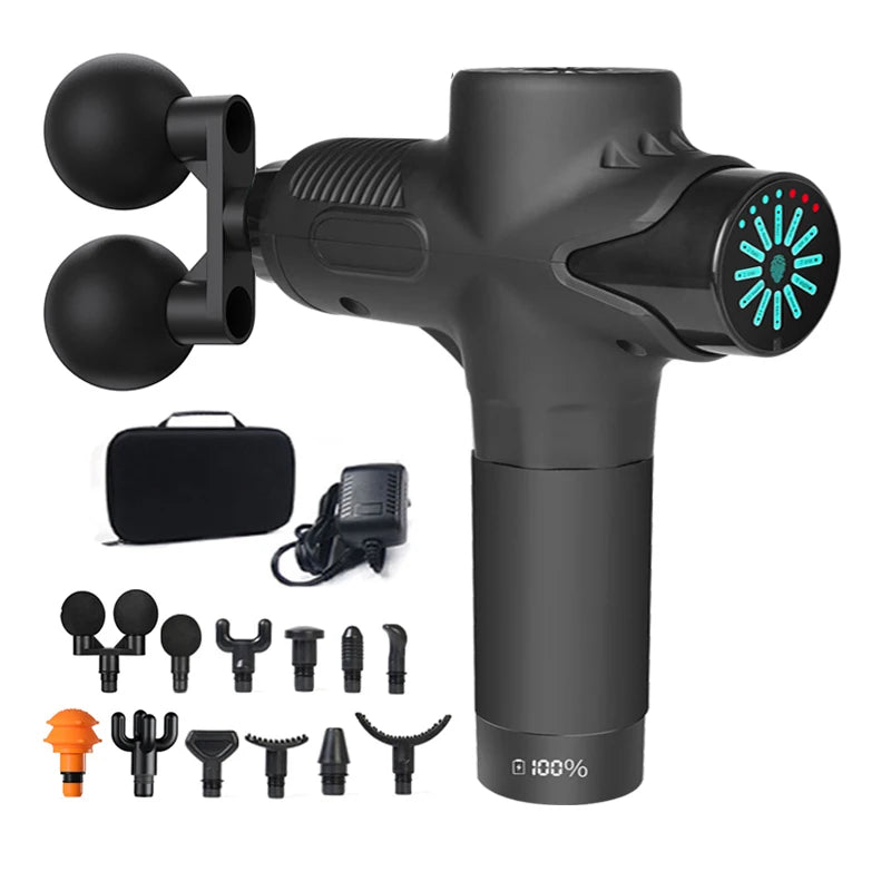 Pistolet de massage professionnel 24 V électrique 12 têtes à percussion haute fréquence pour fascia, tissus profonds, muscles, cou, corps, relaxation, fitness