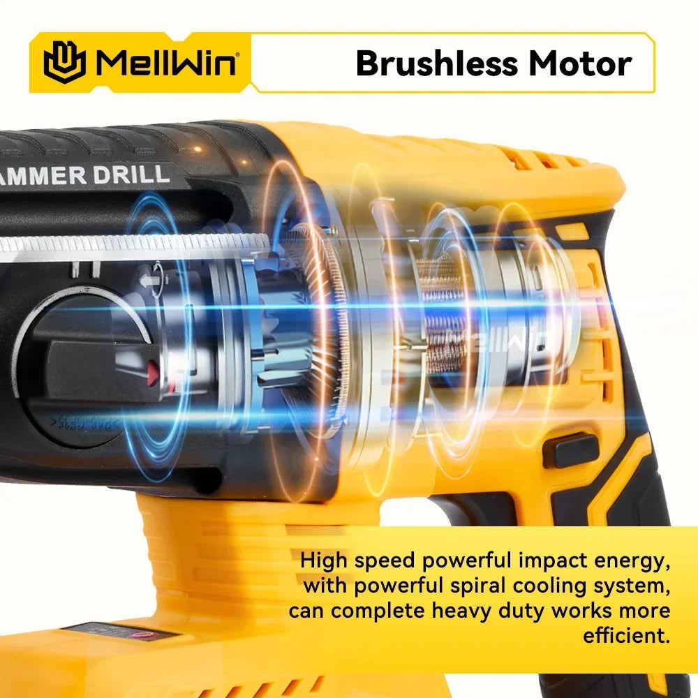 MELLWIN 3 en 1 marteau électrique sans brosse marteau à percussion multifonction pour acier béton bois pour Makita 18V batterie broche