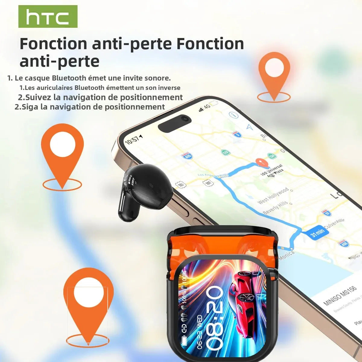 Écouteurs Bluetooth V6.0 HTC NE20, traducteur AI, écran tactile LCD OWS, casque de sport sans fil, son stéréo HD, longue durée de vie