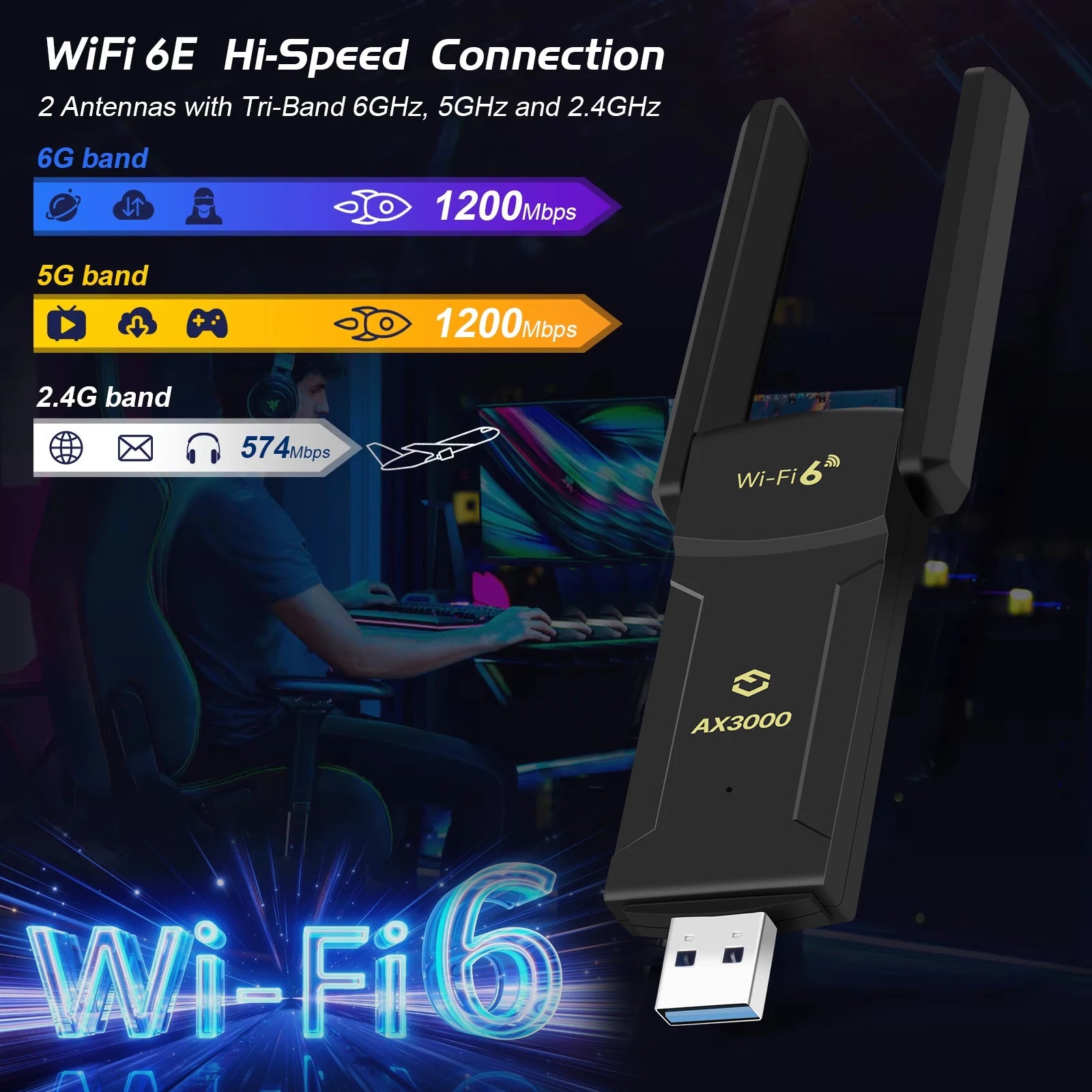 Adaptateur WiFi Fenvi 6E AX3000 USB Bluetooth 5.2 LeicBand 2.4G/5G/6GHz WiFi6 Carte Réseau Récepteur Sans Fil USB3.0 Dongle MU-MIMO