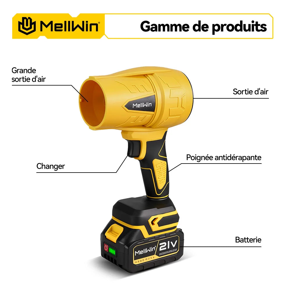 Souffleur turbo électrique sans balais MELLWIN – 350 m/s, 3 500 W, souffleur de feuilles portable sans fil pour broches de batterie 18 V