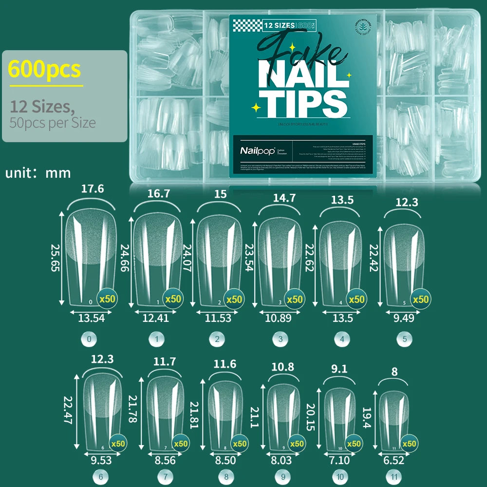 Faux ongles courts demi-couverture, extra court, carré, transparent, Gel, pré-forme avec poignées, 600 pièces