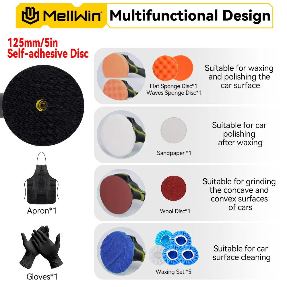 Polisseuse de voiture électrique sans fil MELLWIN 125 mm – 8 vitesses avec affichage numérique pour batterie 12 V