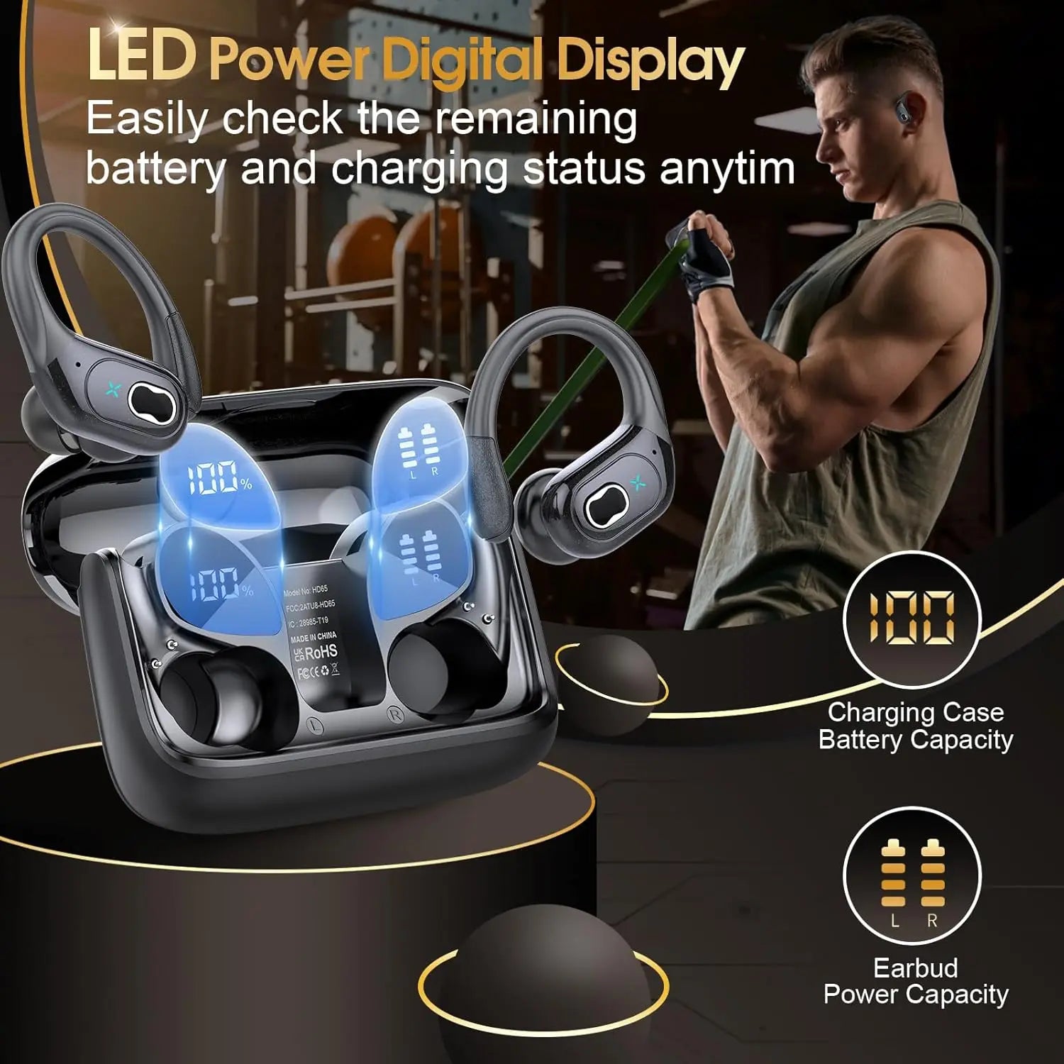 Bluetooth 5.4 IPX7 TWS Sports Earphones, HiFi Bass Wireless Headphones, LED Touch Handsfree Earphone, Noise Cancelling, Waterproof Headset