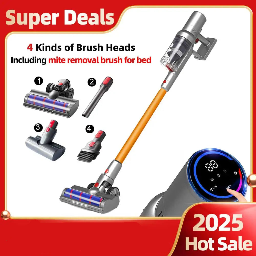 Aspirateur à main sans fil, 27 000 Pa, écran tactile, capteur de poussière intelligent, contrôle automatique de la vitesse pour le nettoyage des tapis et des lits à la maison
