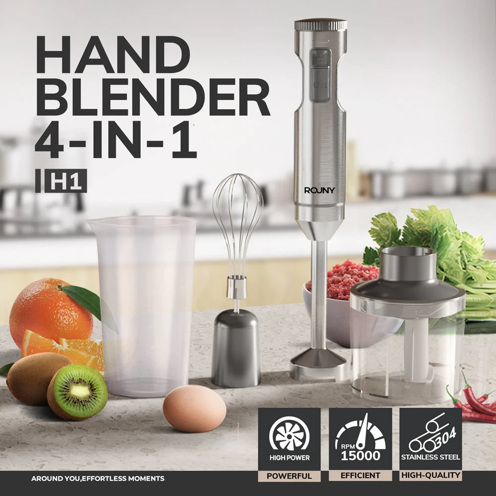 Mixeur Mélangeur à Immersion Manuel Puissant 4 en 1 – Acier Inoxydable 304, Bécher 700 ml, Processeur 500 ml, Fouet – Marque ROUNY