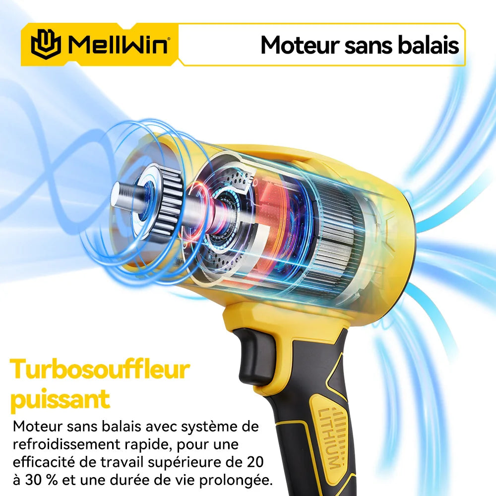 Souffleur turbo électrique sans balais MELLWIN – 350 m/s, 3 500 W, souffleur de feuilles portable sans fil pour broches de batterie 18 V