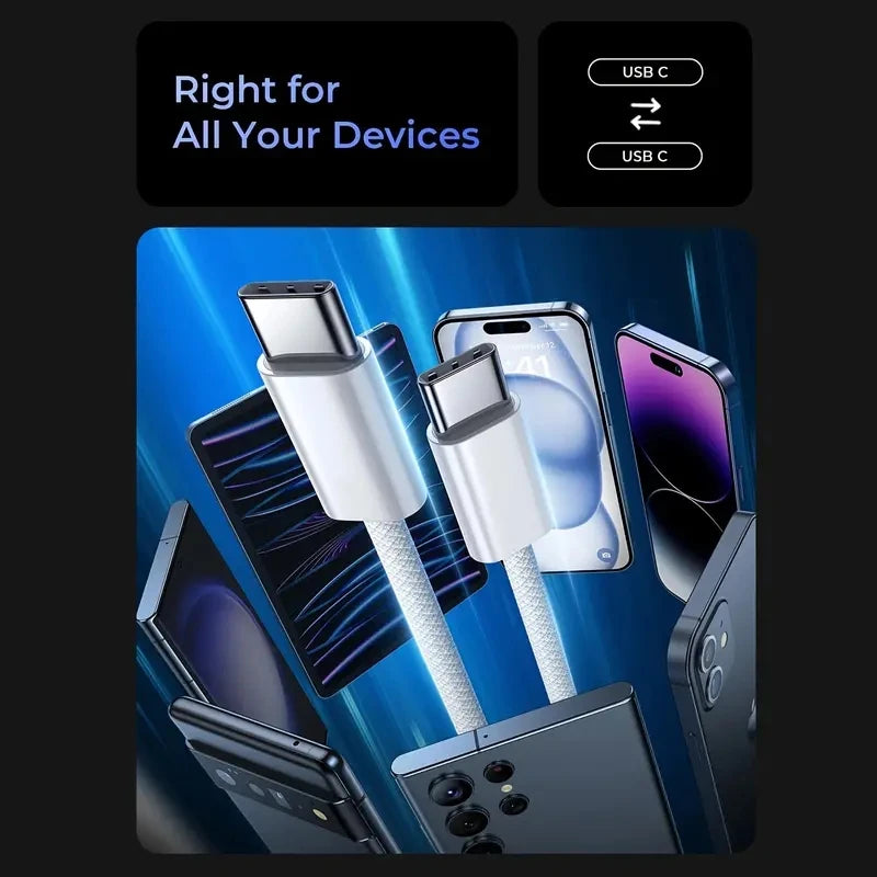 Câble USB-C vers USB-C PD 60W – charge rapide 2 m – iPhone 15 / 16 Pro, MacBook, Huawei, Samsung, Xiaomi