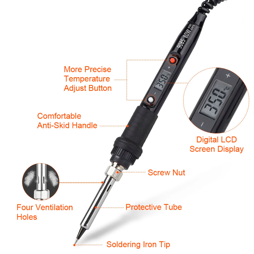 Kit de fer à souder électrique, température réglable, pâte à souder, pompe à dessouder, ensemble d'outils de soudage, écran LCD, 80W, 220V, 110V