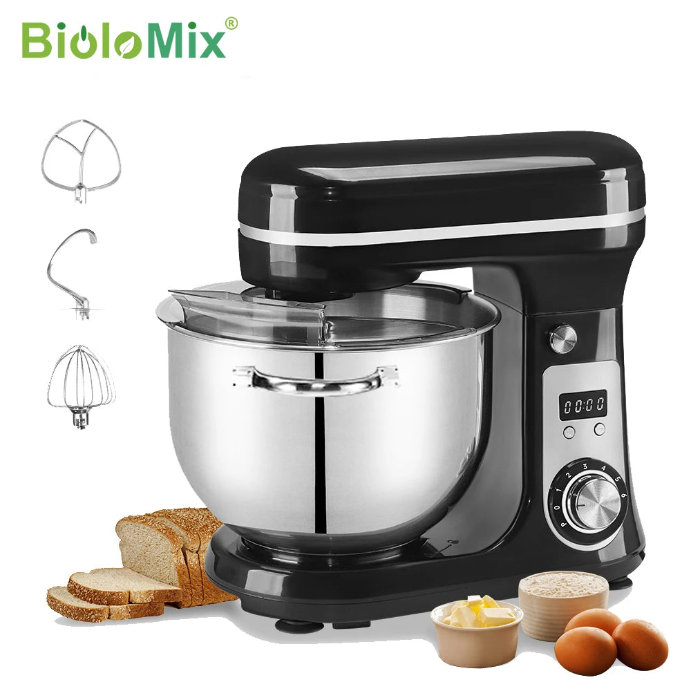 Robot de cuisine électrique BioloMix, 6L sur socle mélangeur 1200W moteur silencieux bol en acier inoxydable 6 vitesses, Crochet à pétrir, Batteur plat, bol mélangeur, Fouet filaire