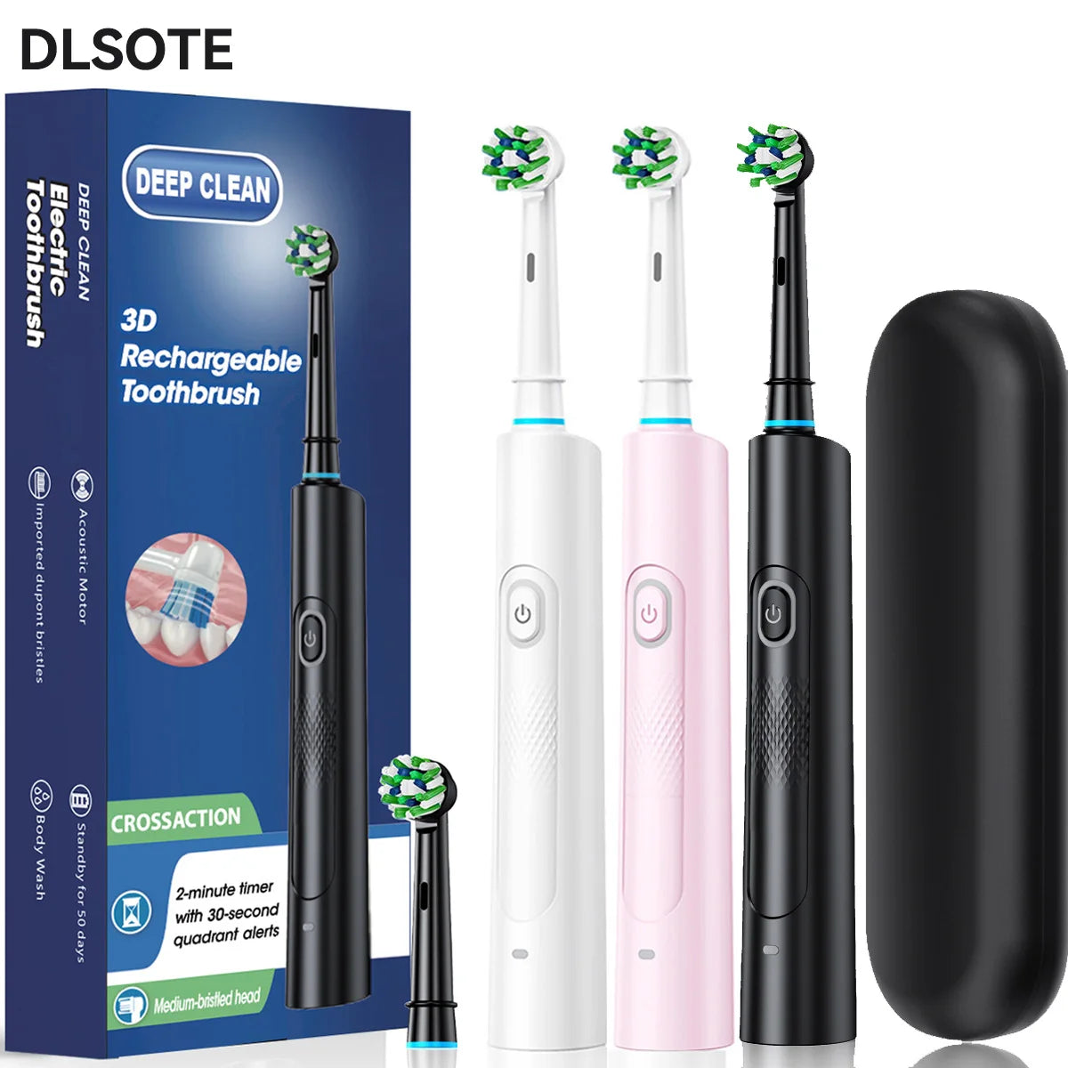 Brosse à dents électrique rotative pour adultes, nettoyage en profondeur, puissance aste, minuterie intelligente de 2 min, noir et blanc, 4 têtes