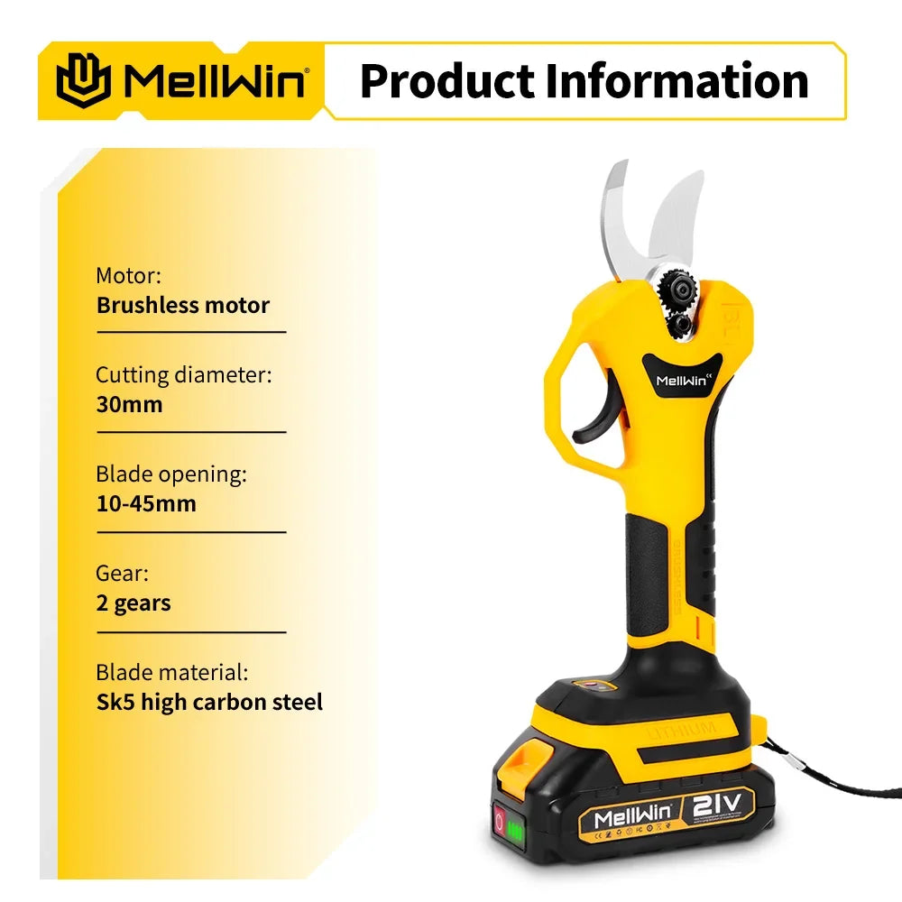 Sécateur électrique sans balais 30 mm MELLWIN – cisaille sans fil 2 vitesses pour arbres fruitiers et bonsaïs compatible 18 V